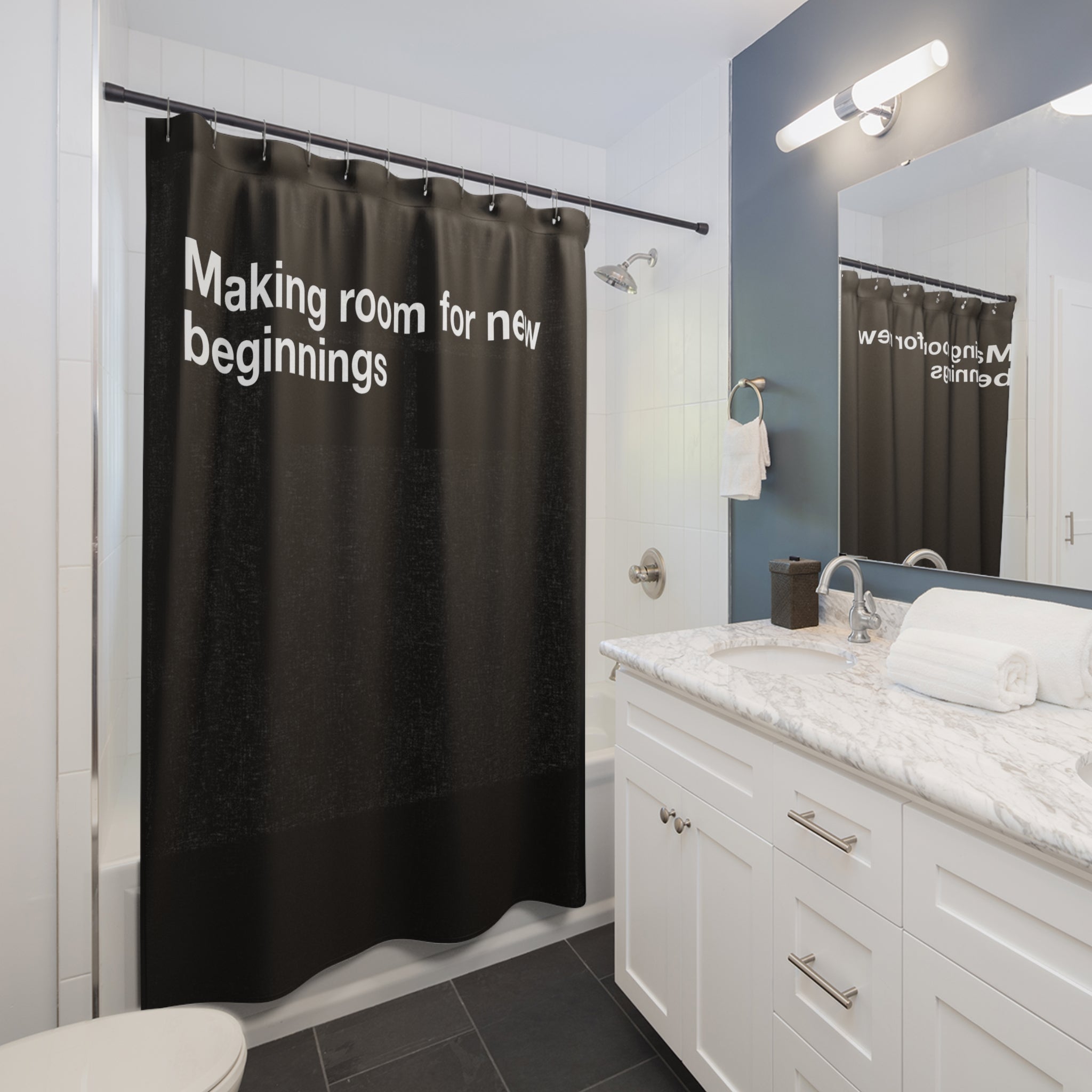 "New Beginnings" Slogan Shower Curtain Gift: Inspiring Art for Transitional Homes