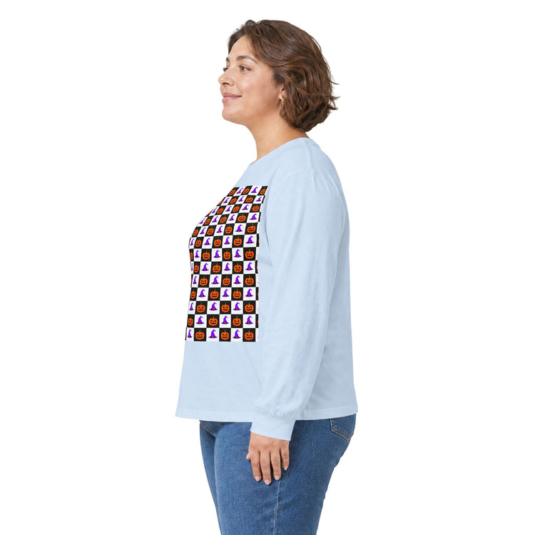 Jack-O'-Lantern Parade long sleeve tee in light-blue – original NewGiftDay design