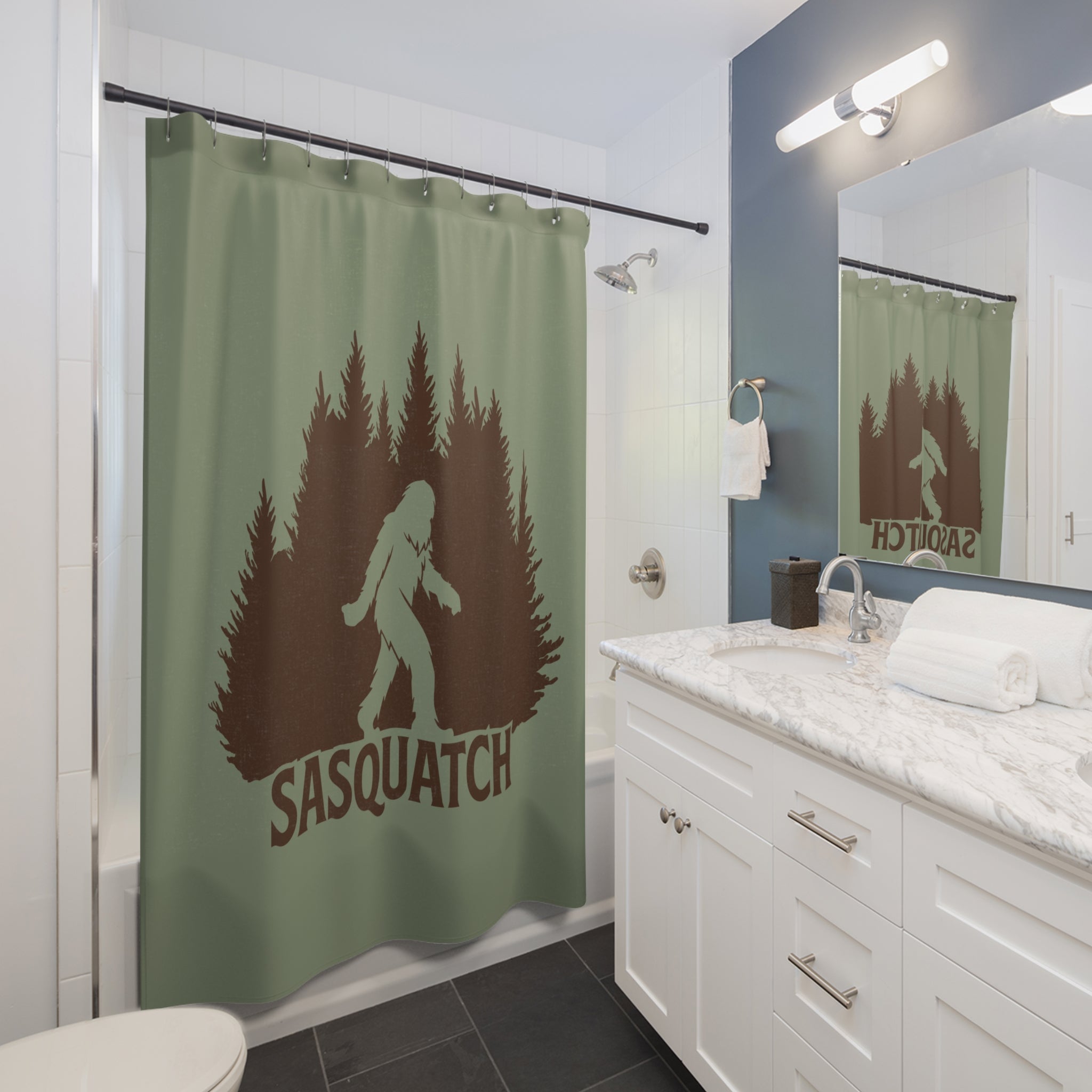 Sasquatch Forest Silhouette Shower Curtain Gift: Cryptid Lore for Rustic Homes