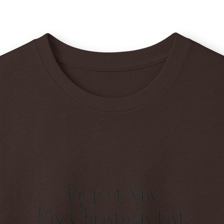 Bigfoot Christmas List long sleeve tee in forest-green – original NewGiftDay design