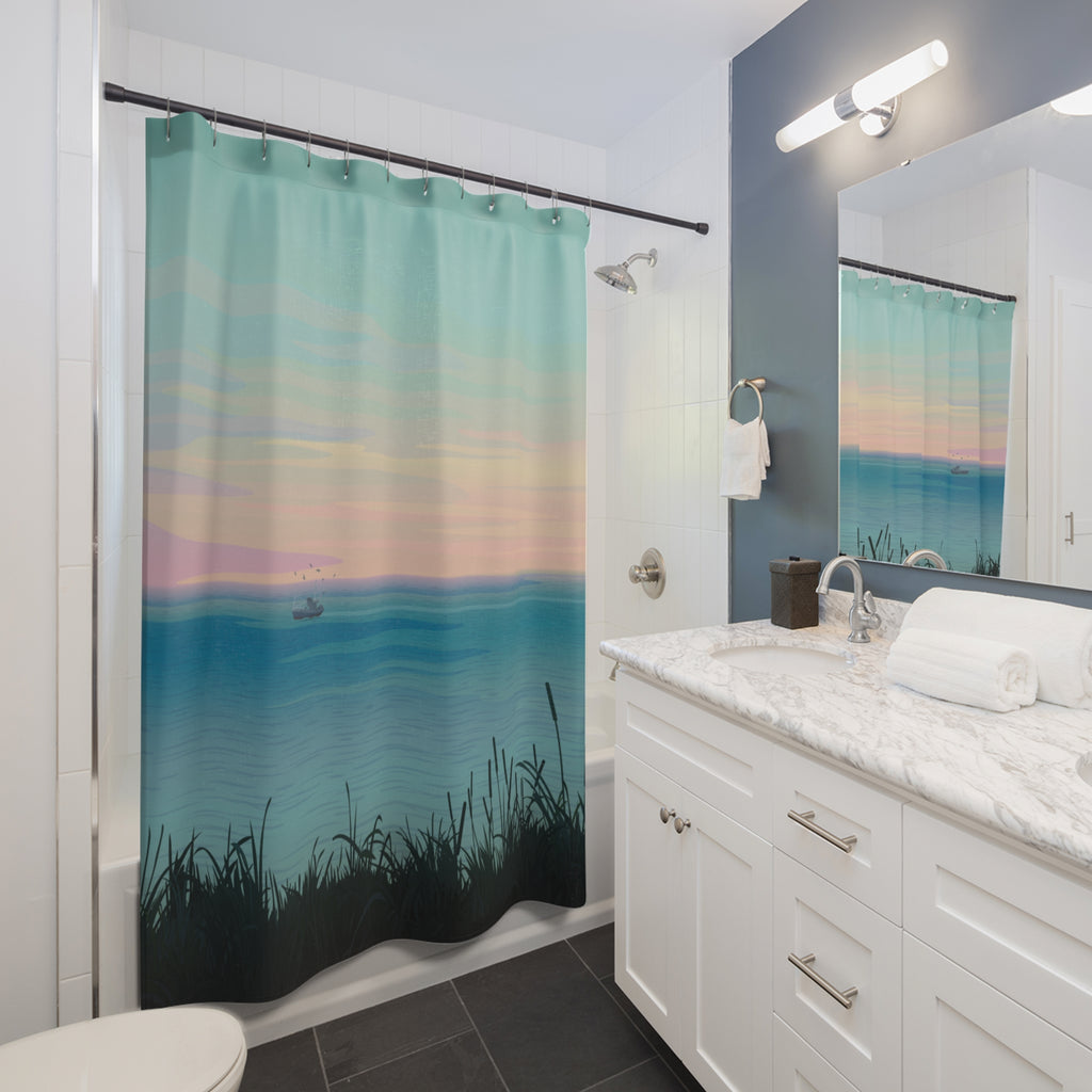Tranquil Lake Sunset Shower Curtain Gift: Serene Horizons for Peaceful Homes