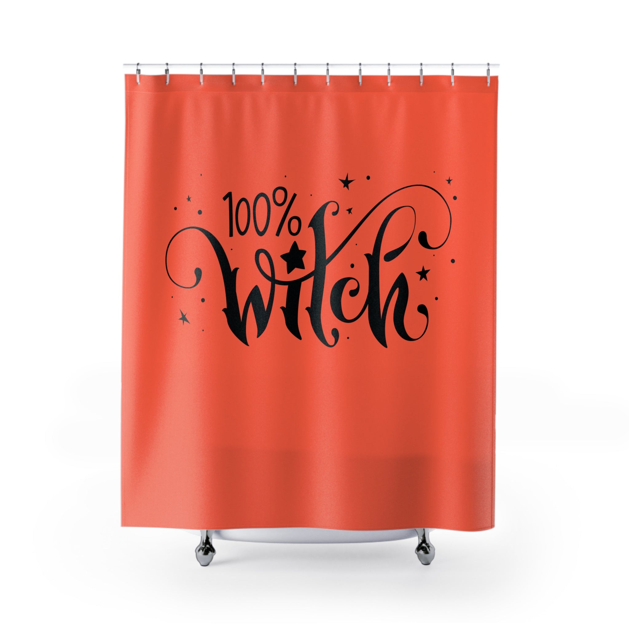 "100% Witch" Calligraphy Shower Curtain Gift: Chic Spooky Style for Enchanted Homes