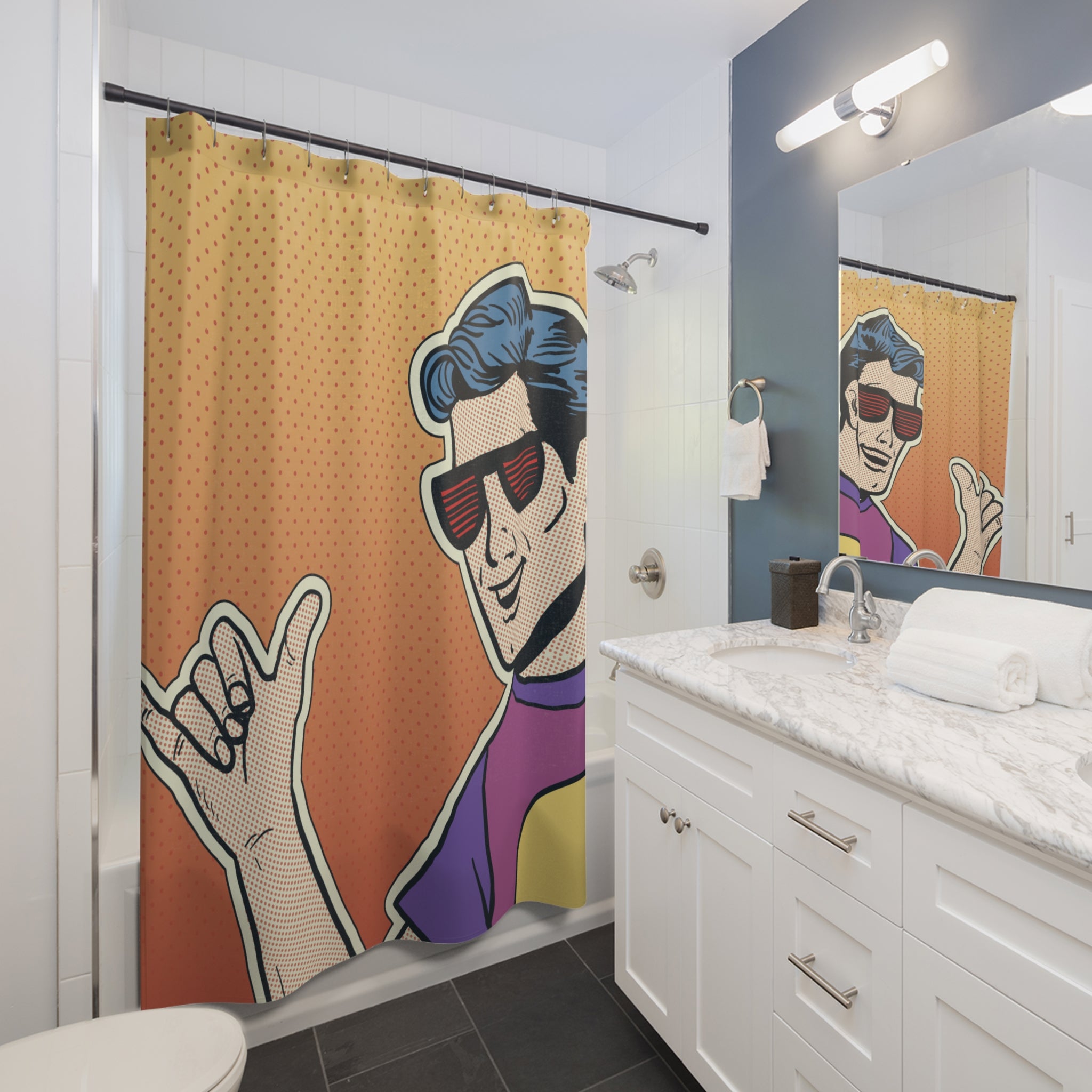 Pop Art "Shaka" Cool Guy Shower Curtain Gift: Retro Surf Vibes for Fun Homes