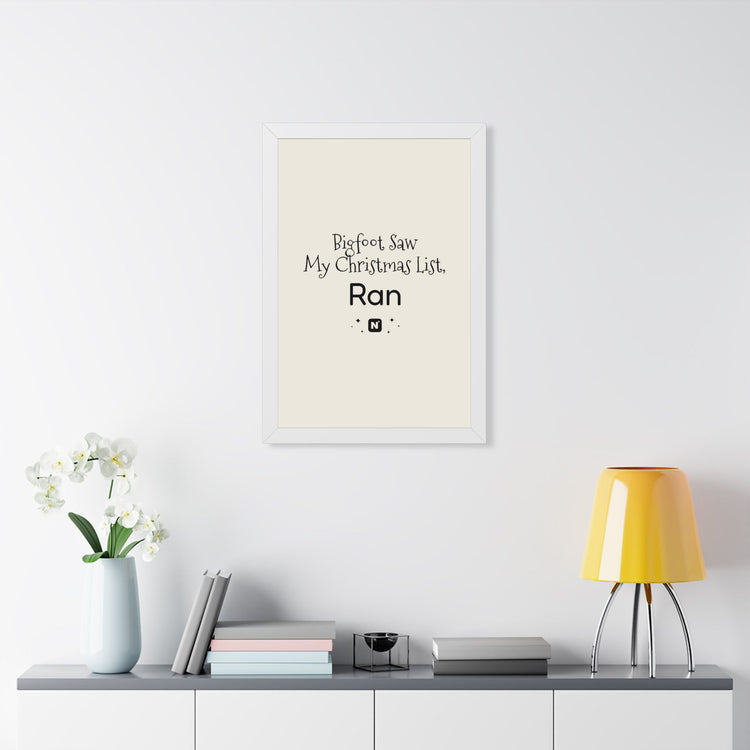 Bigfoot Christmas List Framed poster in white – original NewGiftDay design