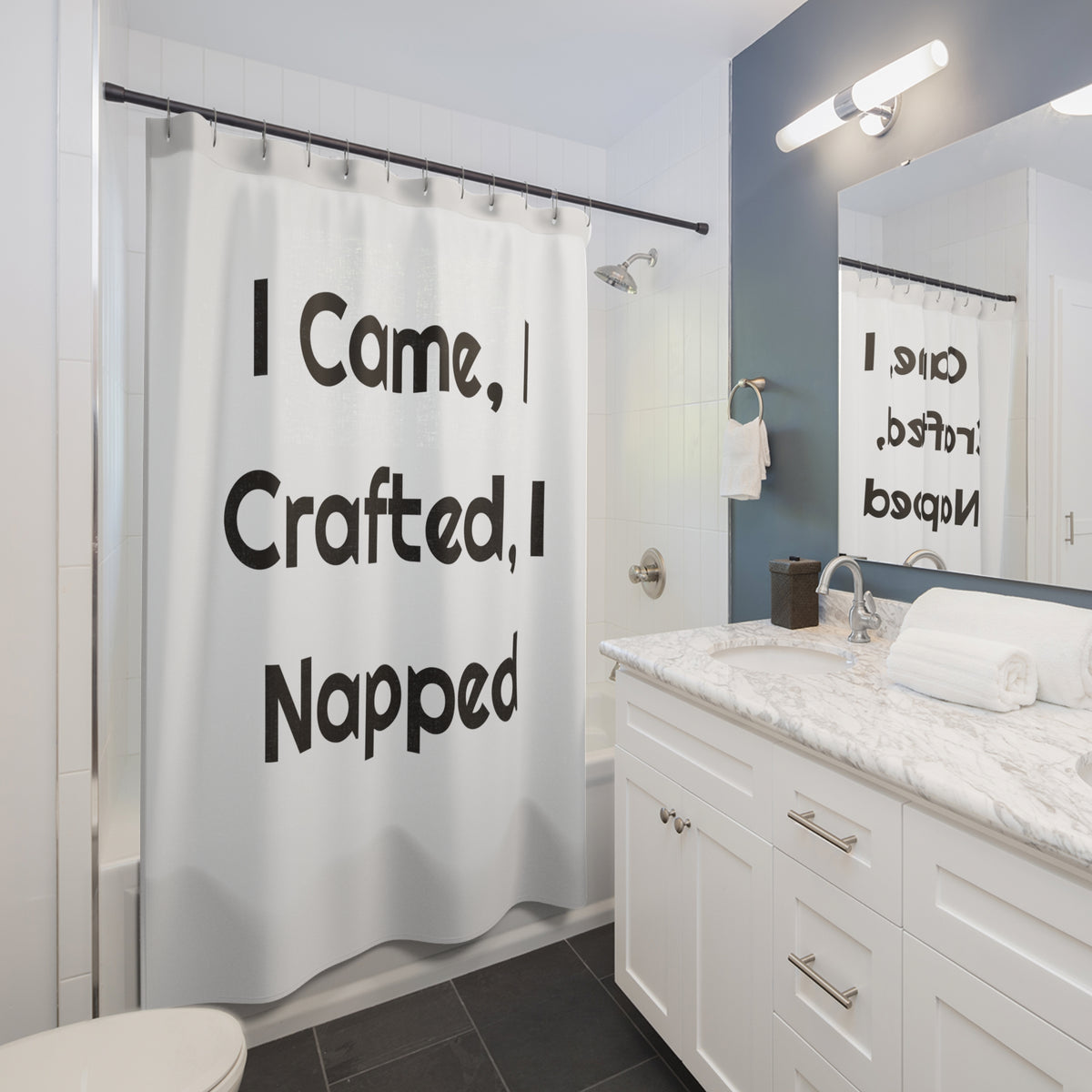 I Came, I Crafted I Napped Printed for Playful Bath Spaces shower curtain – original NewGiftDay design, view 3