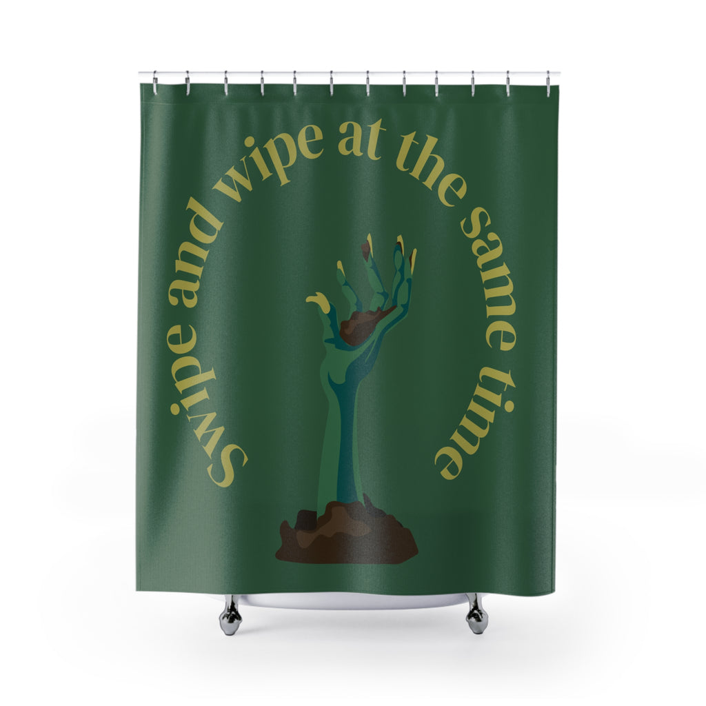 "Swipe and Wipe" Zombie Hand Shower Curtain Gift: Humorous Horror for Quirky Homes