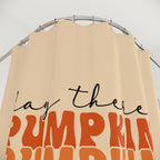 "Hey There Pumpkin" Groovy Autumn Stacked Text Shower Curtain Gift: Retro Warmth for Fall Homes