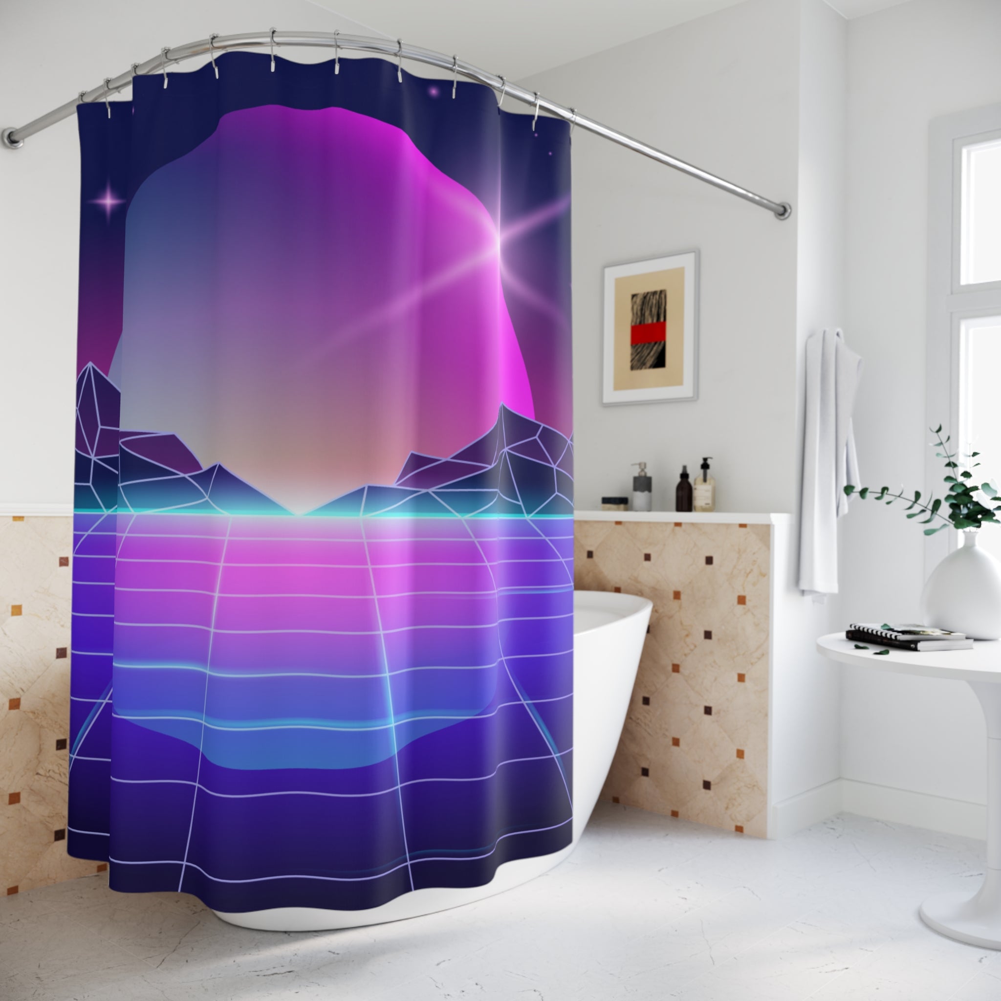 Retrowave Synthwave Horizon Shower Curtain Gift: 80s Cyberpunk for Retro Homes