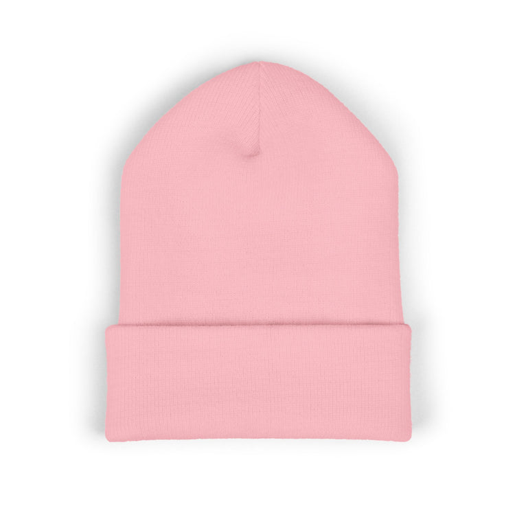 Still flirting after all these dishes Printed Cuffed for Chilly Laughs beanie in baby-pink – original NewGiftDay design