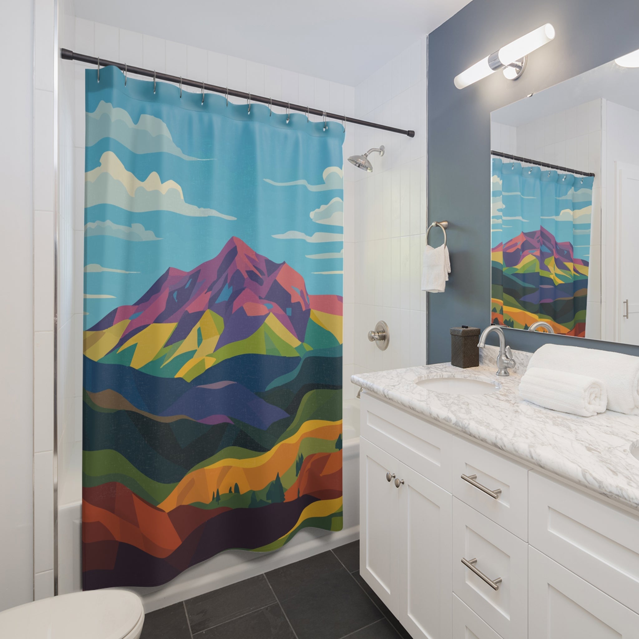 Geometric Mountain Landscape Shower Curtain Gift: Cubist Nature for Modern Homes