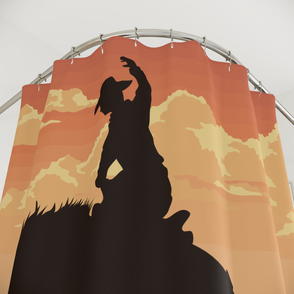 Western Sunset Bucking Bronc Shower Curtain Gift: Dramatic Rodeo Art for Rustic Homes