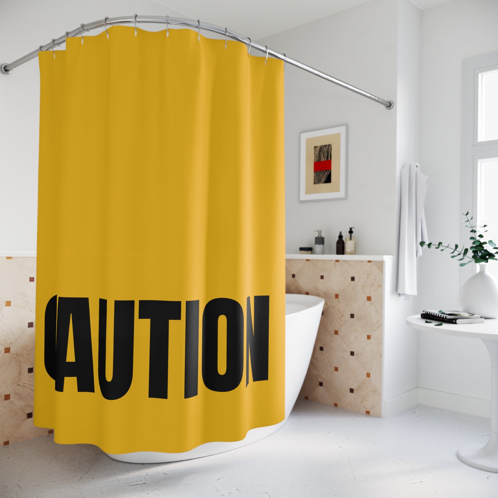 "CAUTION" Industrial Slogan Shower Curtain Gift: Bold Warning for Modern Homes