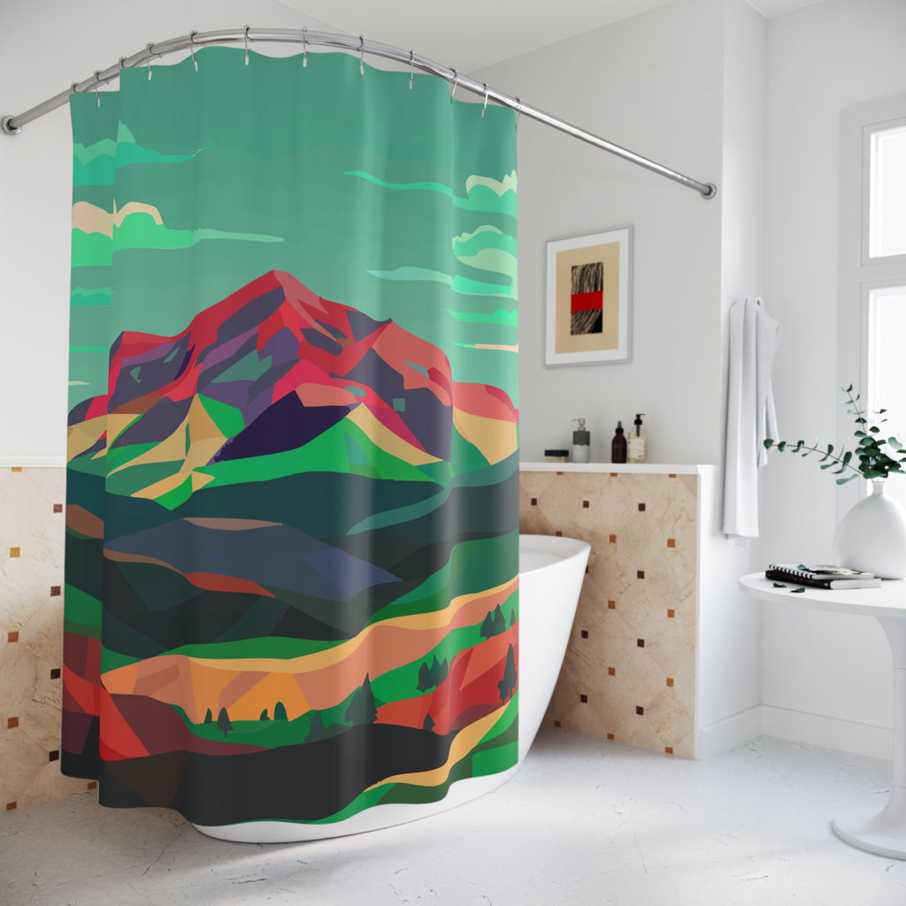 Geometric Green Mountain Landscape Shower Curtain Gift: Cubist Nature for Modern Homes