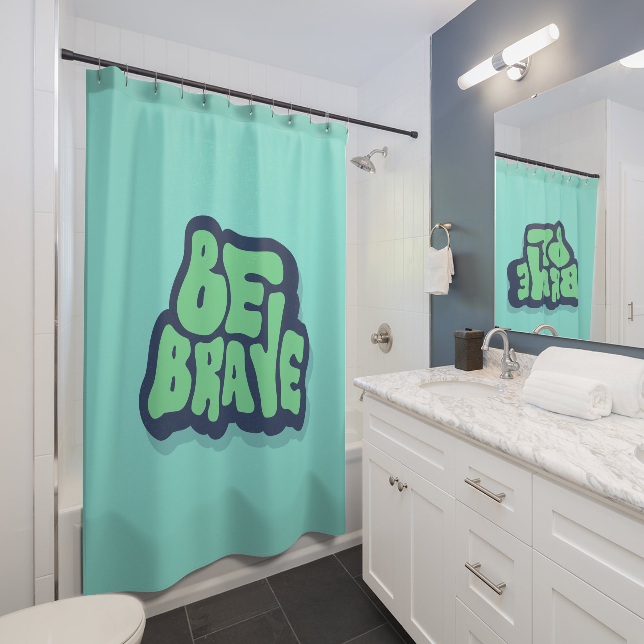 "Be Brave" Bubble Letter Slogan Shower Curtain Gift: Retro Motivation for Fun Spaces