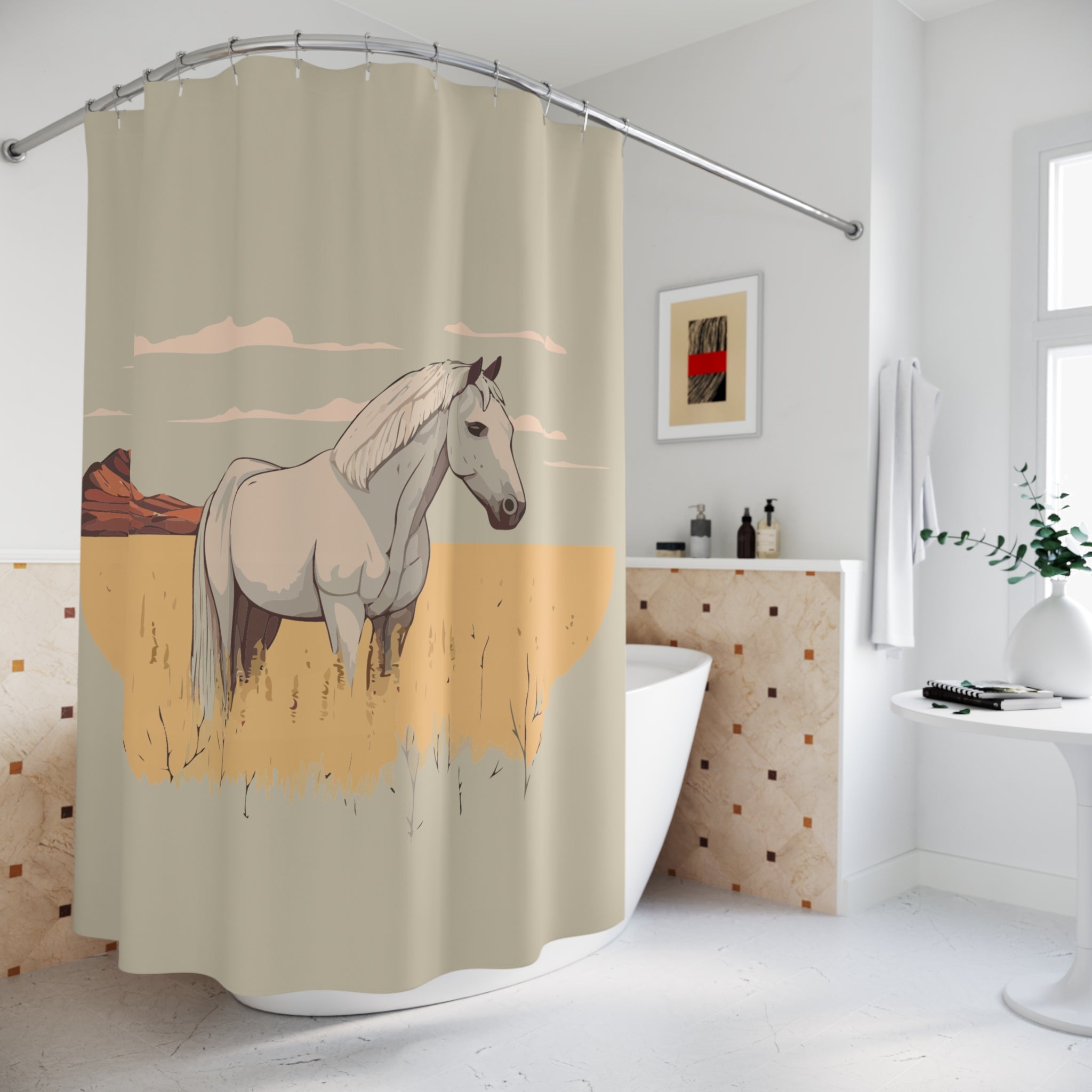 Elegant White Horse Shower Curtain Gift: Western Tranquility for Rustic Homes