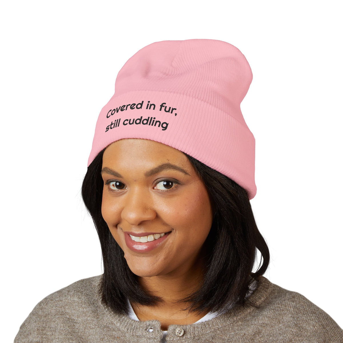 Covered in fur still cuddling Printed Cuffed for Chilly Pet Walks beanie – original NewGiftDay design, view 8