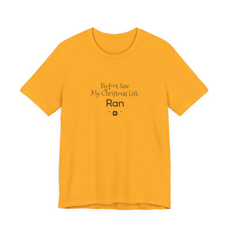 Bigfoot Christmas List T-shirt in gold – original NewGiftDay design