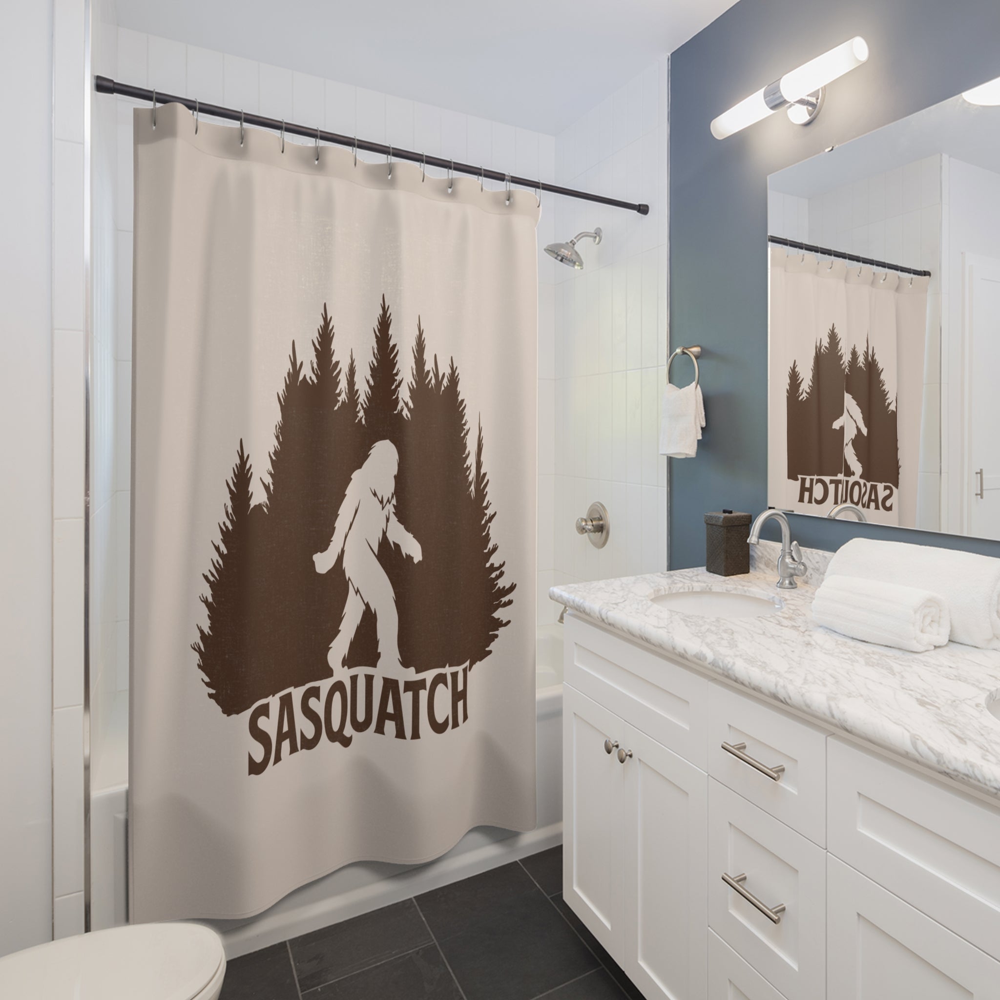 Sasquatch Forest Graphic Shower Curtain Gift: Cryptid Lore for Rustic Retreats