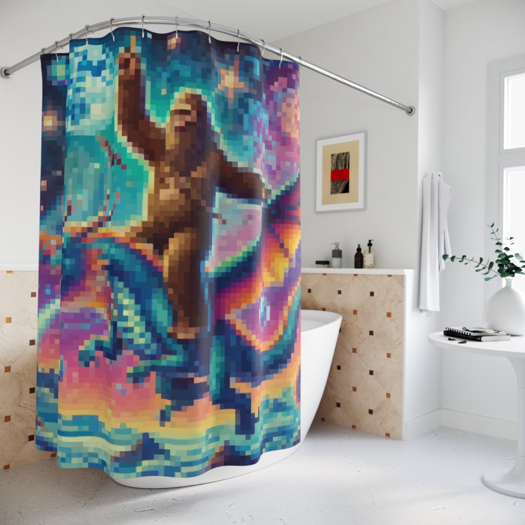 Epic Pixel Fantasy Shower Curtain Gift: Sasquatch Dragon Ride for Legend Homes