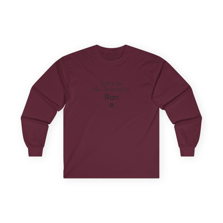 Bigfoot Christmas List long sleeve tee in maroon – original NewGiftDay design