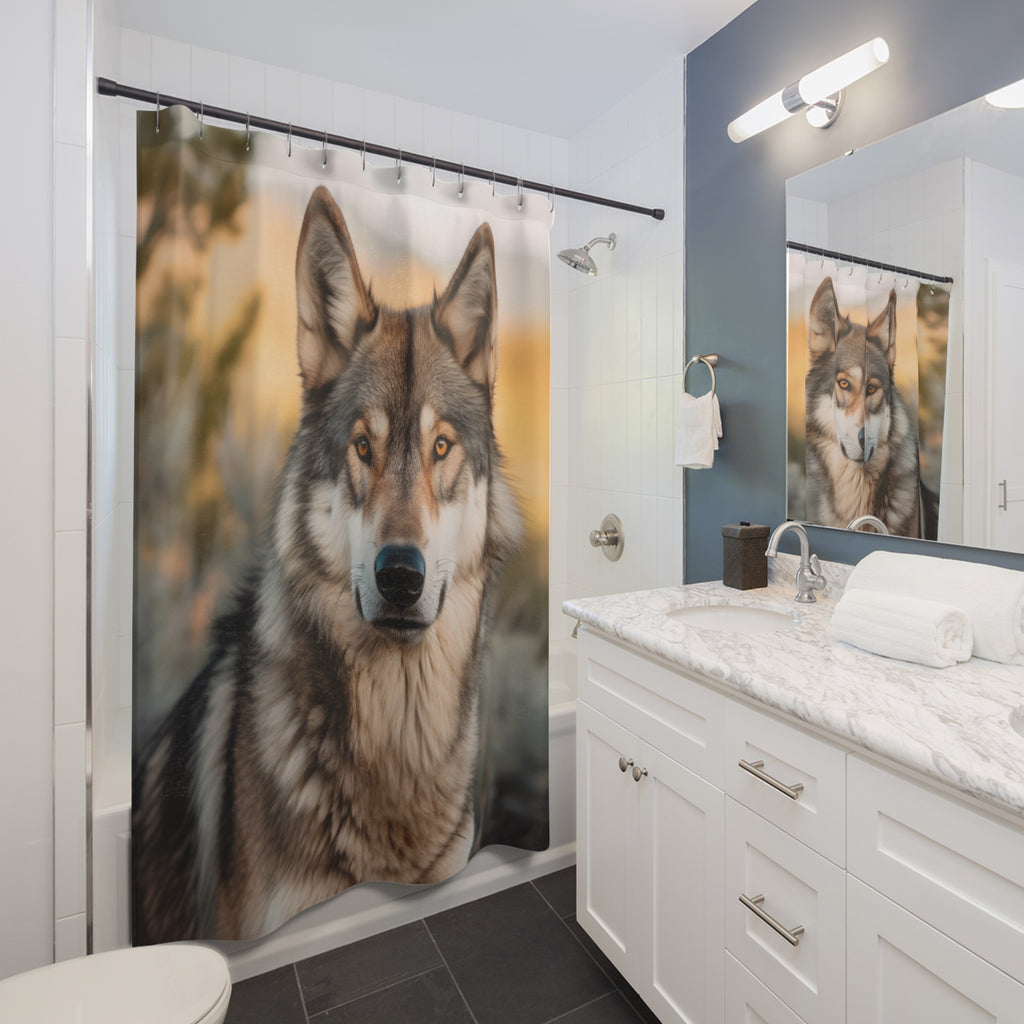 Majestic Amber-Eyed Wolf Shower Curtain Gift: Wilderness Spirit for Bold Homes