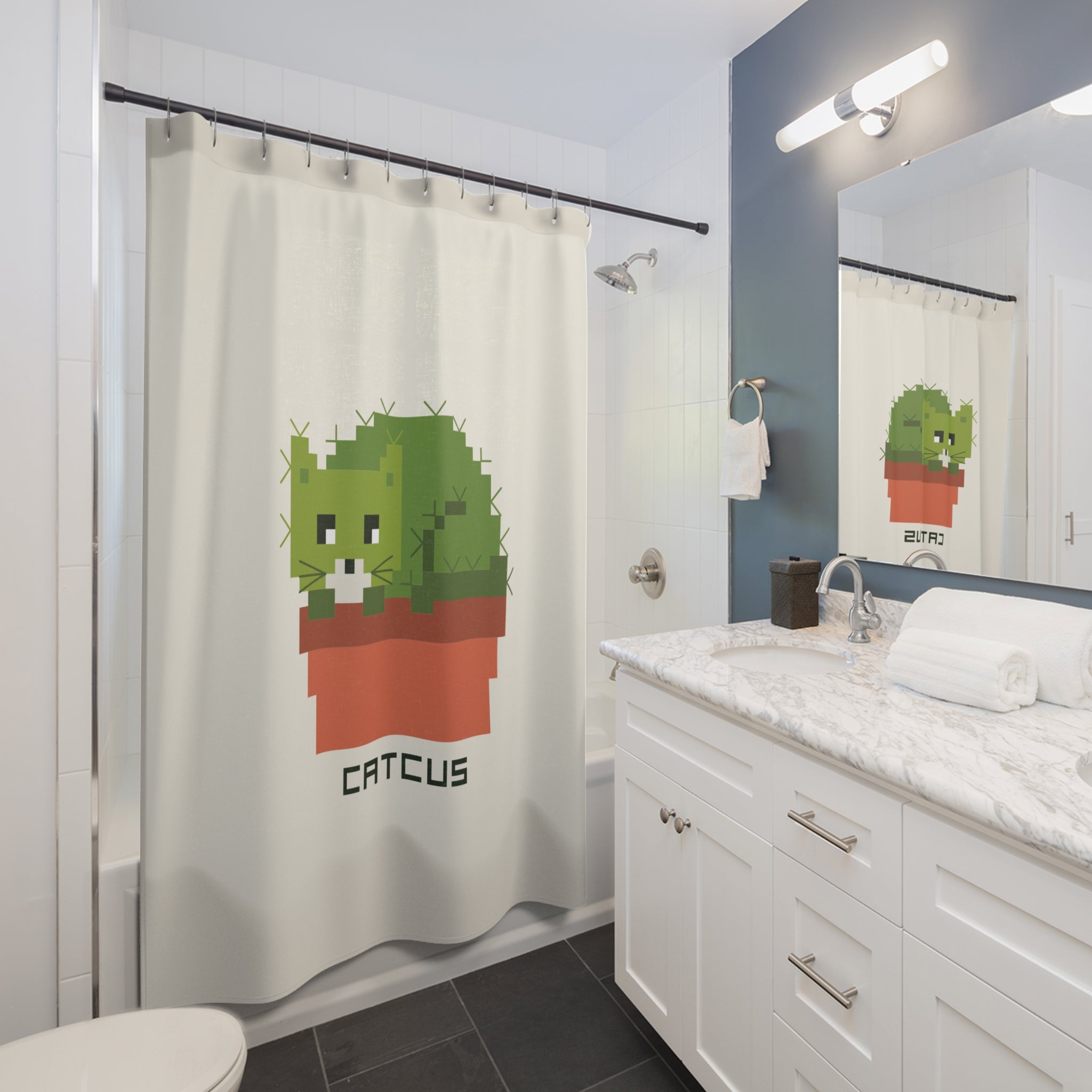 Pixel Art "Catcus" Shower Curtain Gift: Quirky Gaming Humor for Modern Homes