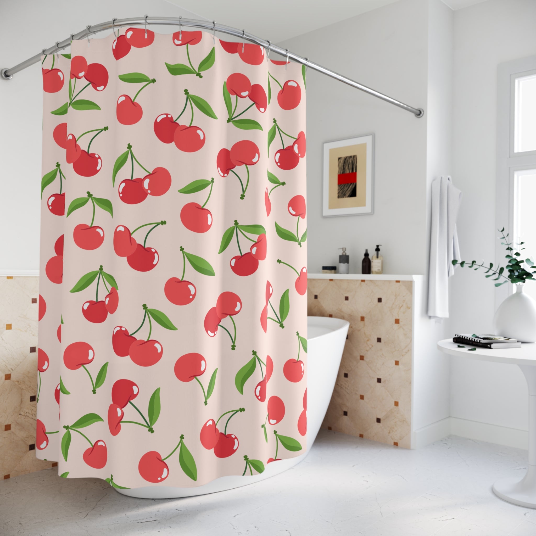 Pop Art Geometric Cherries Quilt Shower Curtain Gift: Vibrant Mid-Century for Stylish Homes