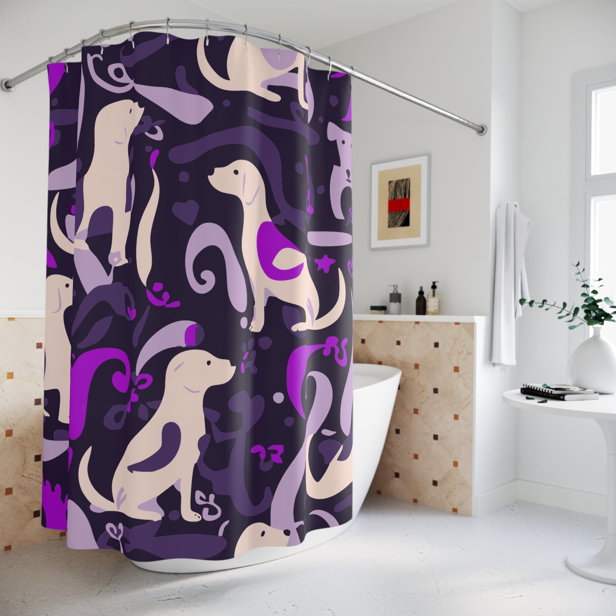 Abstract Playful Pup Purple Shower Curtain Gift: Vibrant Canine Art for Dog Lover Homes