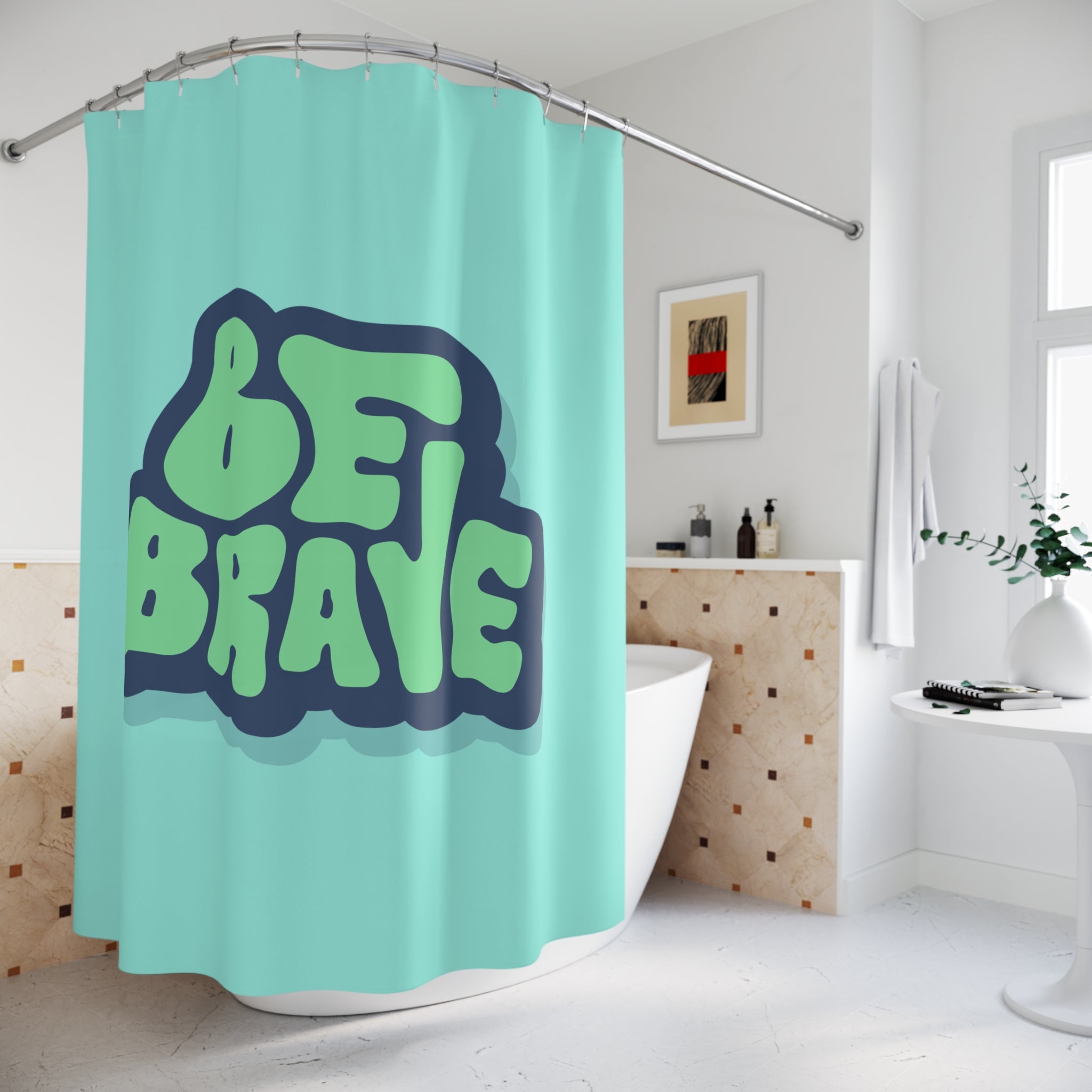 "Be Brave" Bubble Letter Slogan Shower Curtain Gift: Retro Motivation for Fun Spaces