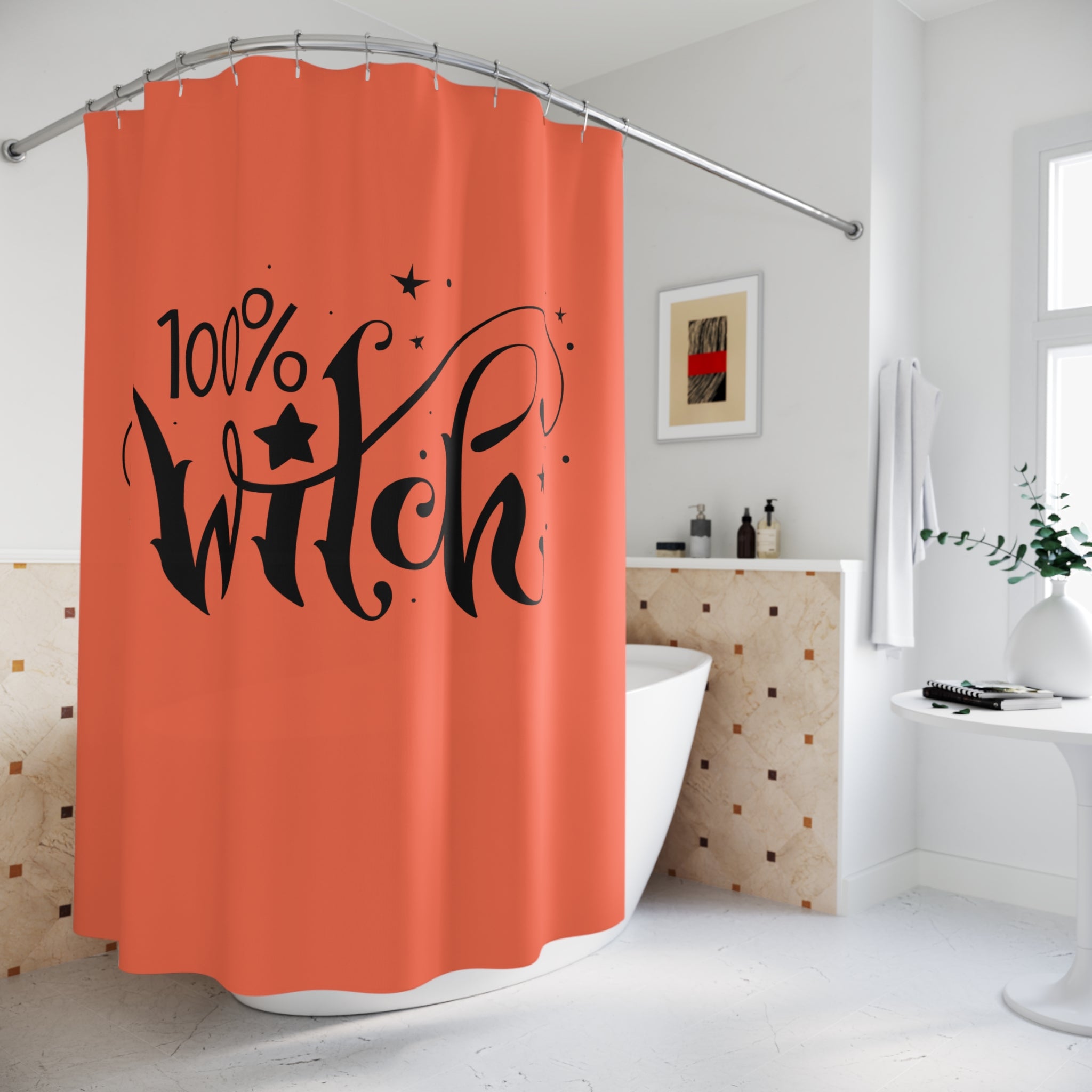 "100% Witch" Calligraphy Shower Curtain Gift: Chic Spooky Style for Enchanted Homes