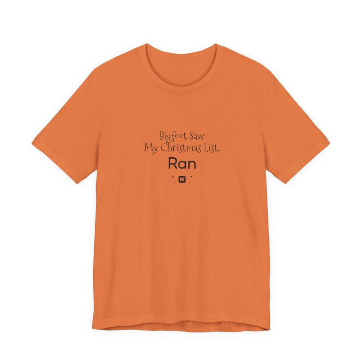 Bigfoot Christmas List T-shirt in burnt-orange – original NewGiftDay design