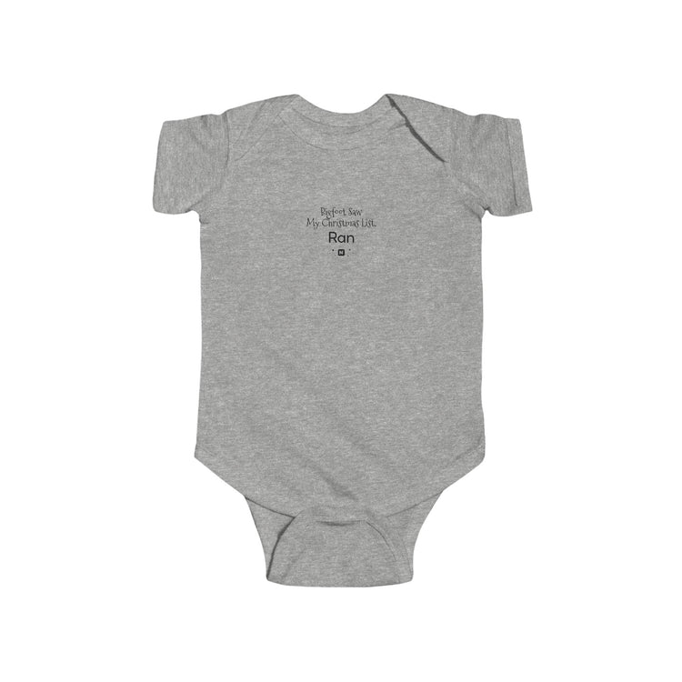 Bigfoot Christmas List baby bodysuit in heather – original NewGiftDay design
