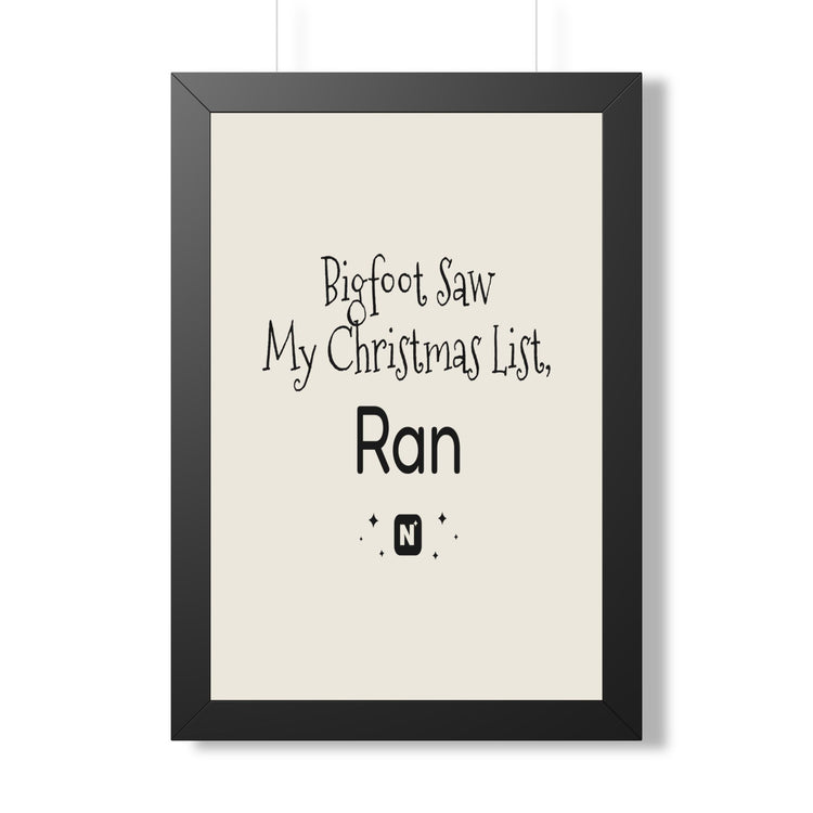 Bigfoot Christmas List Framed poster in black – original NewGiftDay design