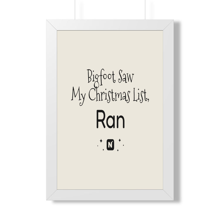 Bigfoot Christmas List Framed poster in white – original NewGiftDay design