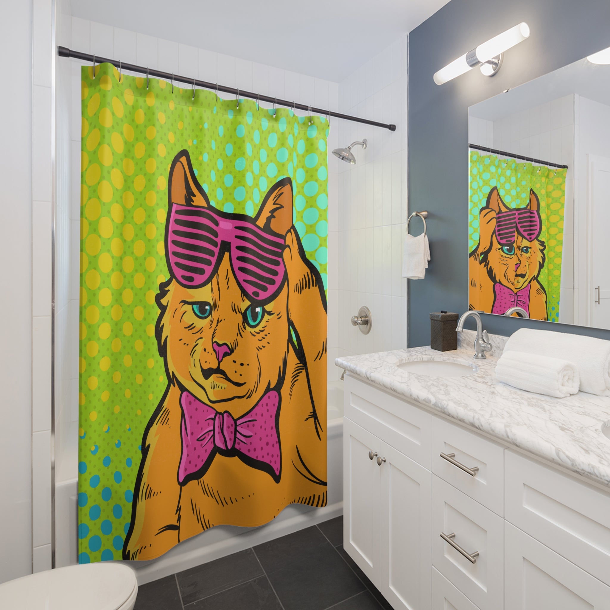 Pop Art Cool Cat with Shutter Shades Shower Curtain Gift: Retro Pet Vibes for Fun Homes