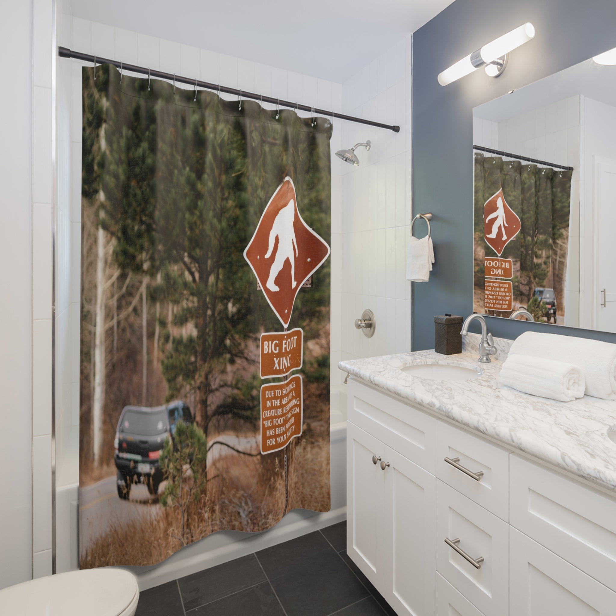 "Big Foot Crossing" Pikes Peak Photo Shower Curtain Gift: Cryptid Lore for Adventurous Homes