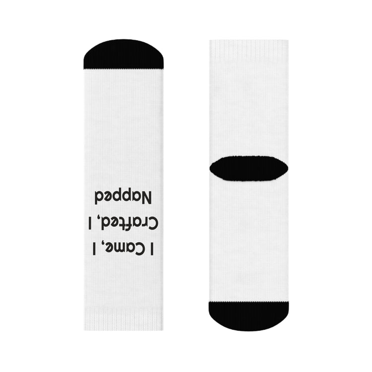 I Came, I Crafted I Napped Printed Crew for Cozy Hobby Steps socks – original NewGiftDay design, view 2