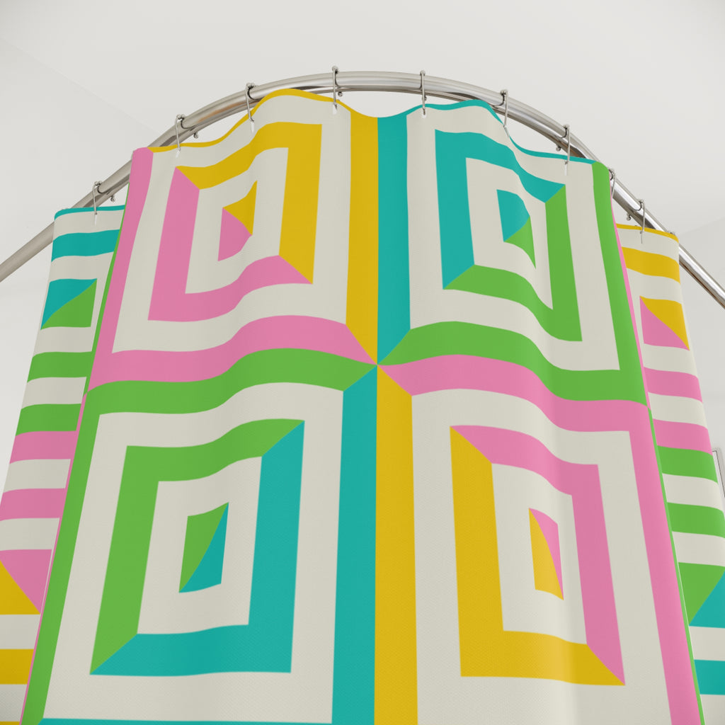 Pink, Yellow, Green & Blue Geometric Square Shower Curtain