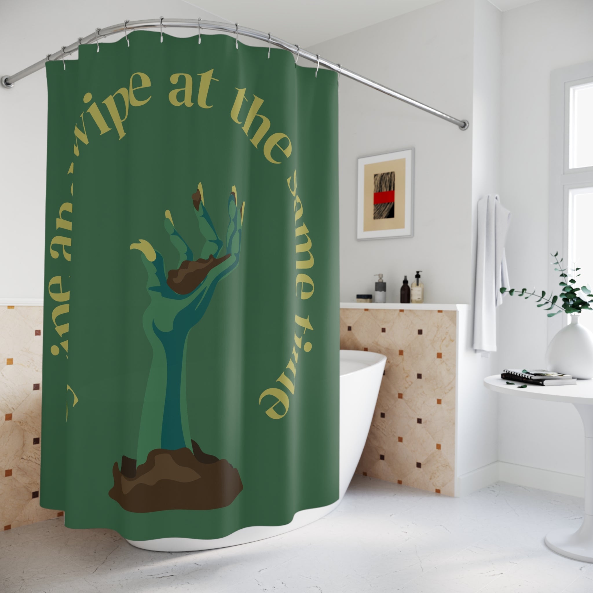 "Swipe and Wipe" Zombie Hand Shower Curtain Gift: Humorous Horror for Quirky Homes