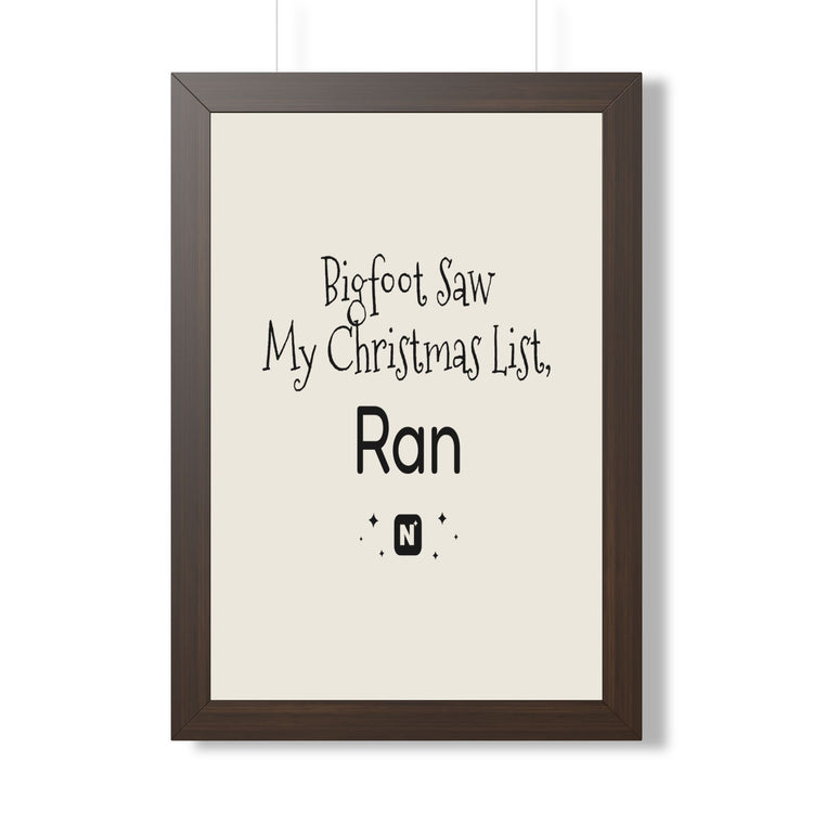 Bigfoot Christmas List Framed poster in walnut – original NewGiftDay design
