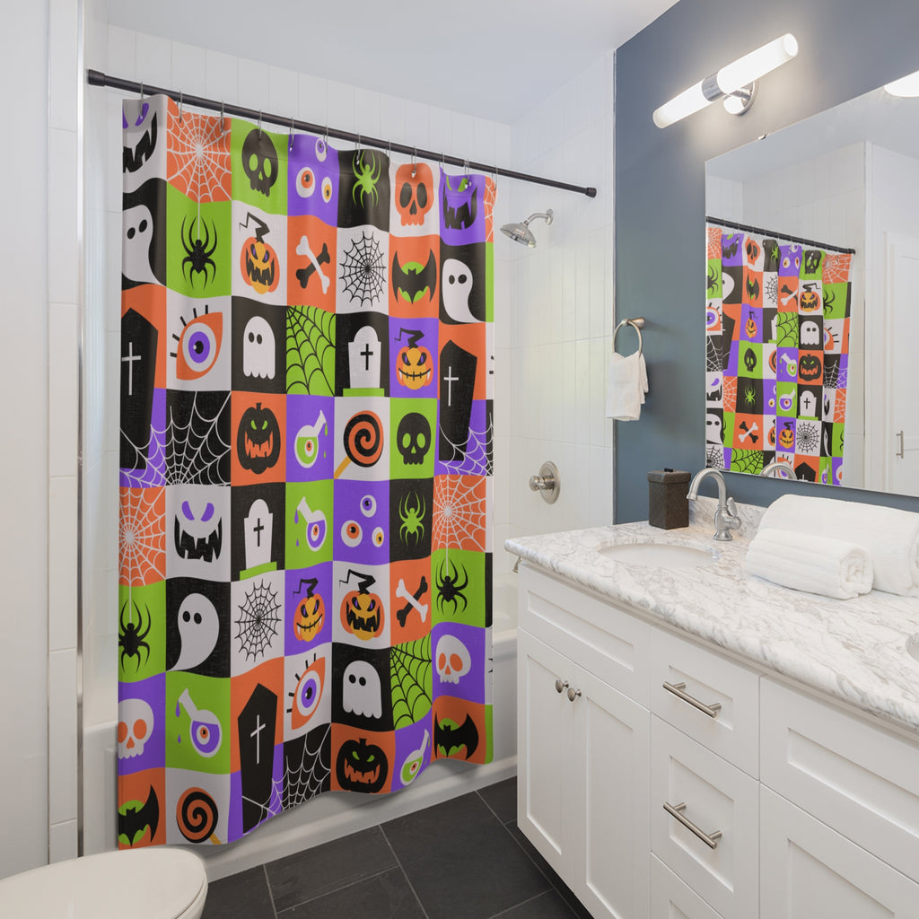 Checkerboard Halloween Icon Shower Curtain Gift: Maximalist Fun for Spooky Season