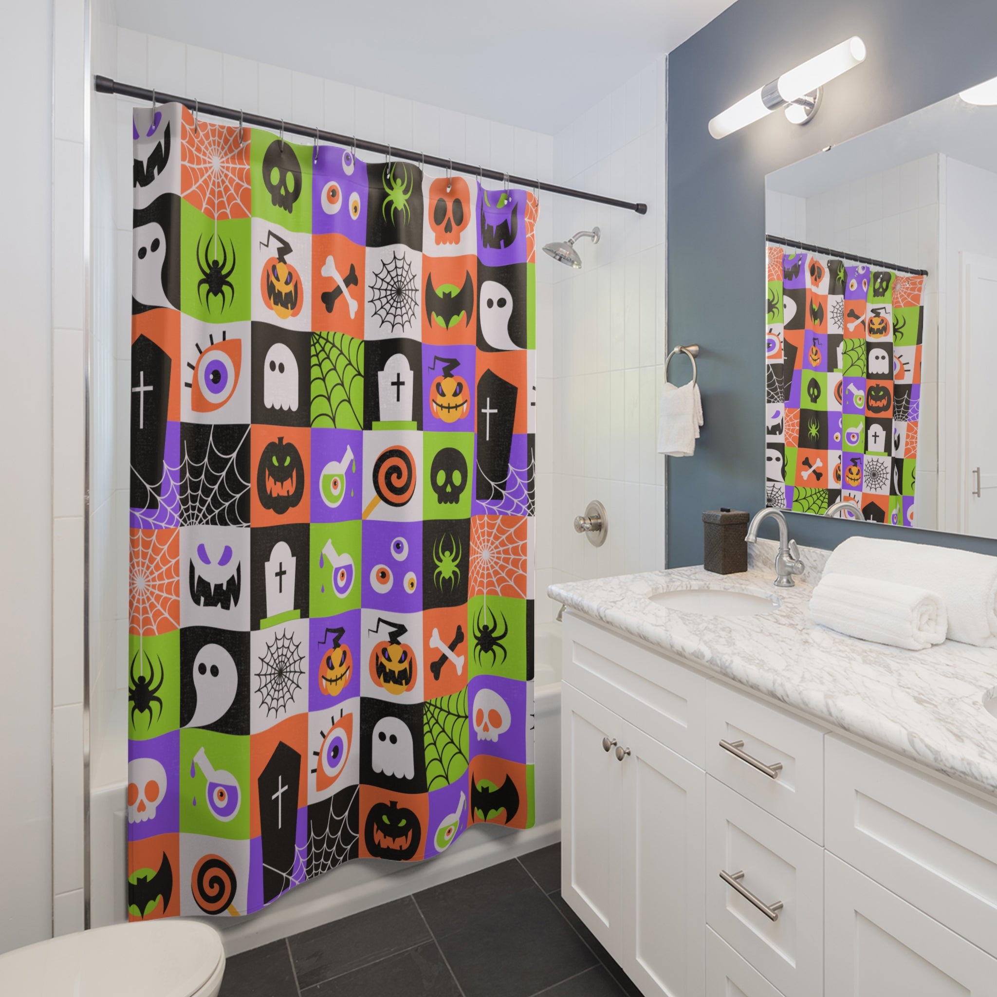 Checkerboard Halloween Icon Shower Curtain Gift: Maximalist Fun for Spooky Season