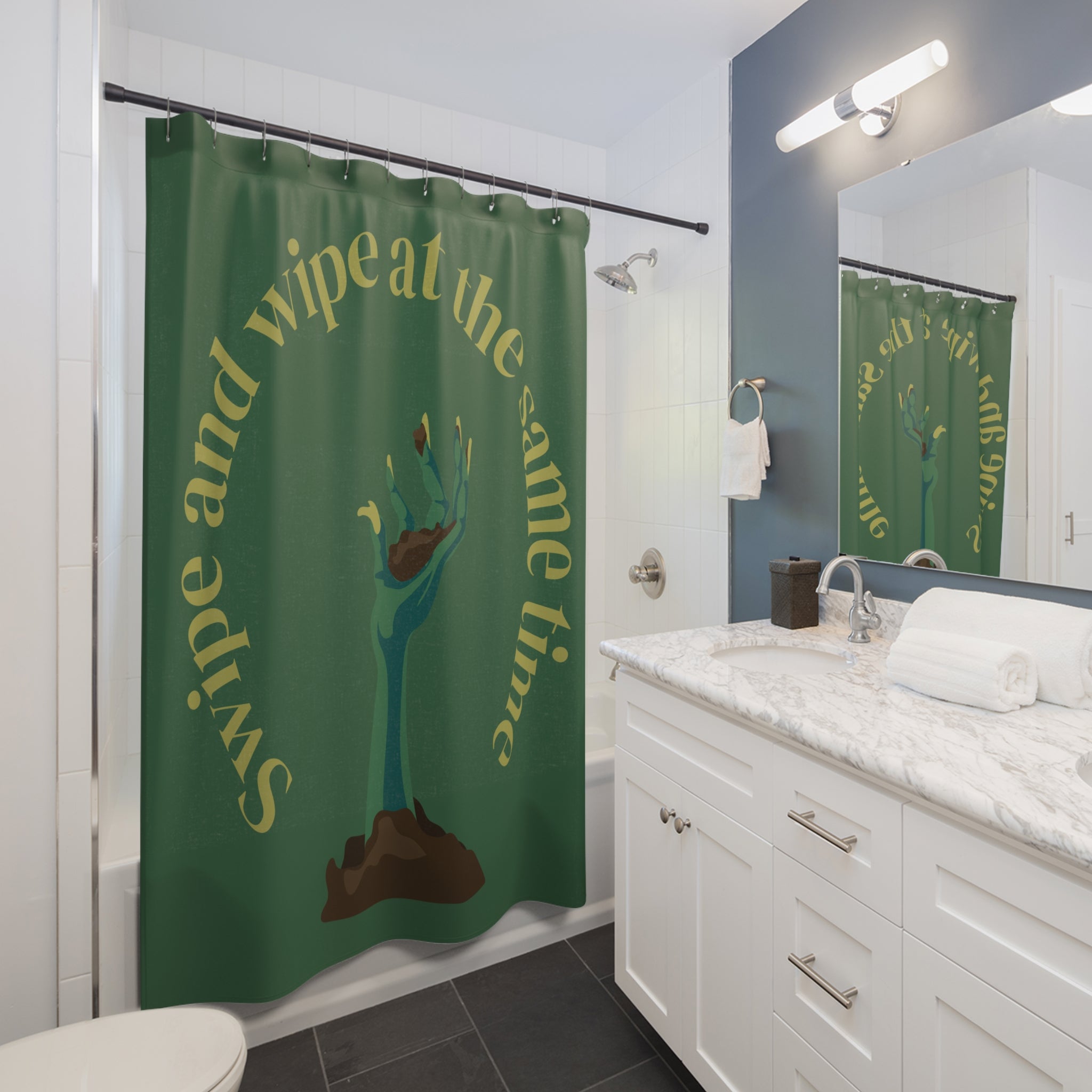 "Swipe and Wipe" Zombie Hand Shower Curtain Gift: Humorous Horror for Quirky Homes