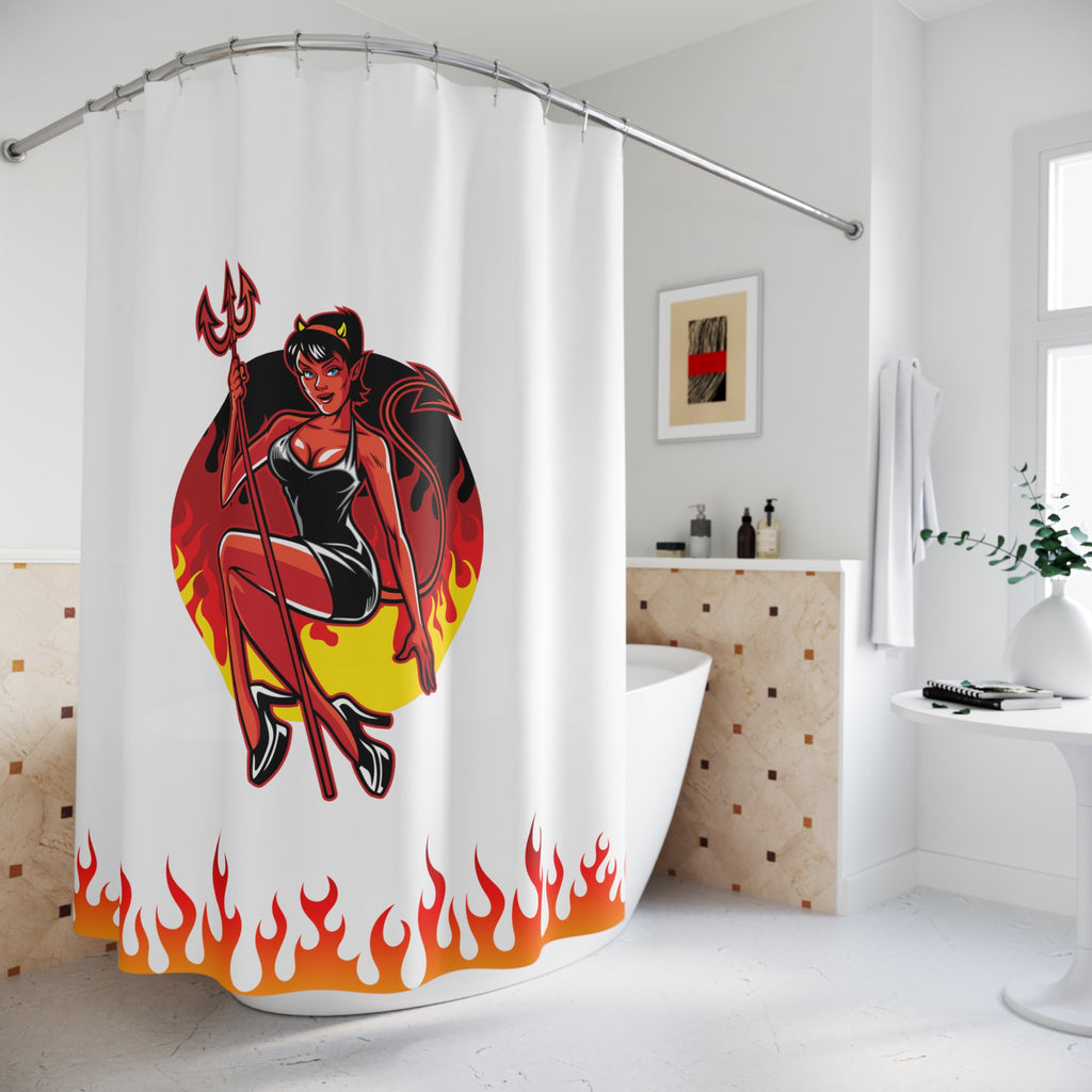 Pin-Up She-Devil & Flames Shower Curtain Gift: Edgy Retro Art for Bold Bathrooms