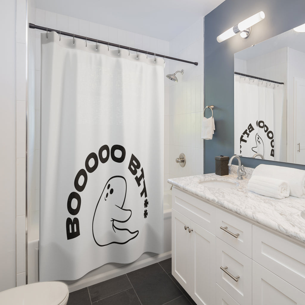 "BOOOOOO BIT**." Playful Ghost Shower Curtain Gift: Edgy Humor for Bold Homes