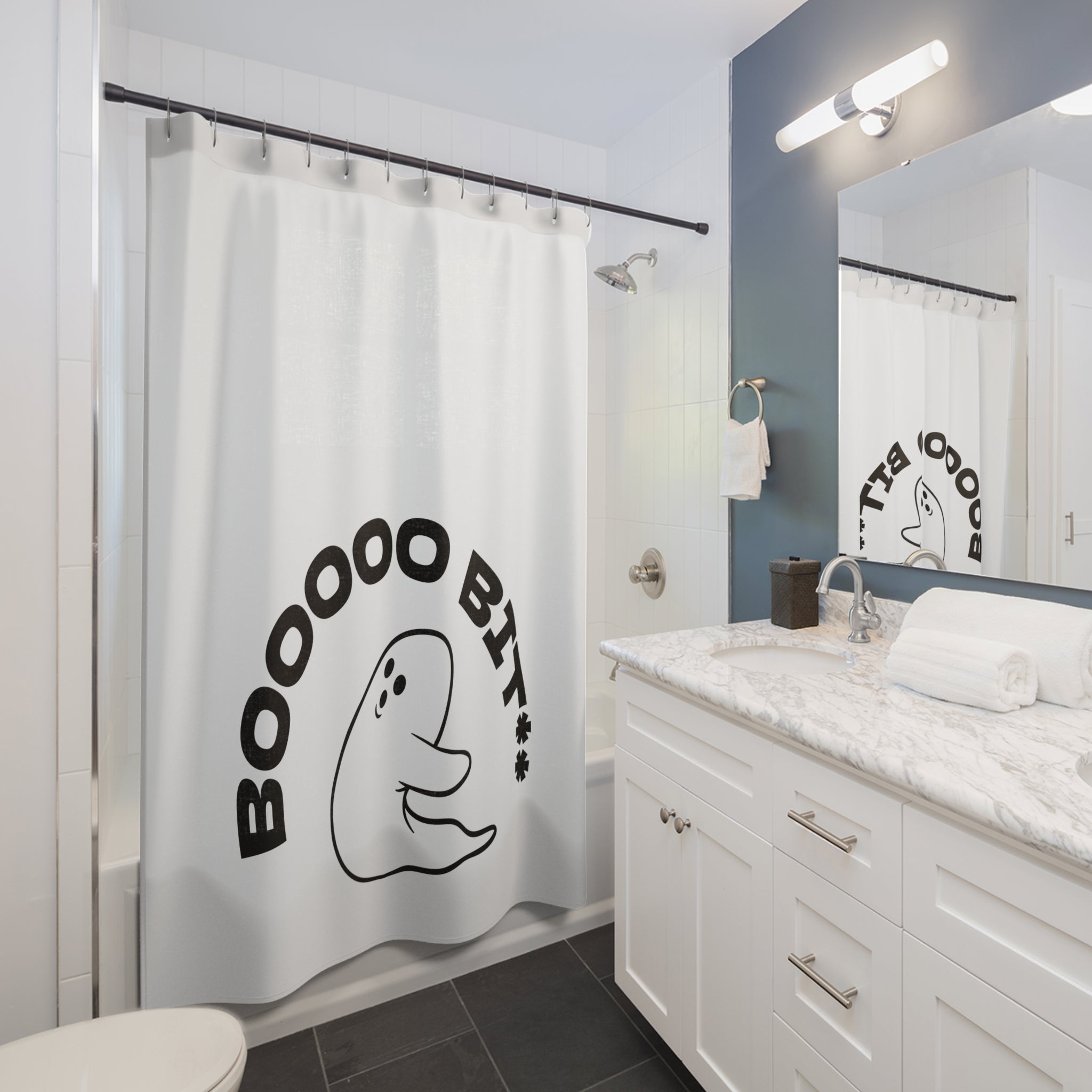 "BOOOOOO BIT**." Playful Ghost Shower Curtain Gift: Edgy Humor for Bold Homes