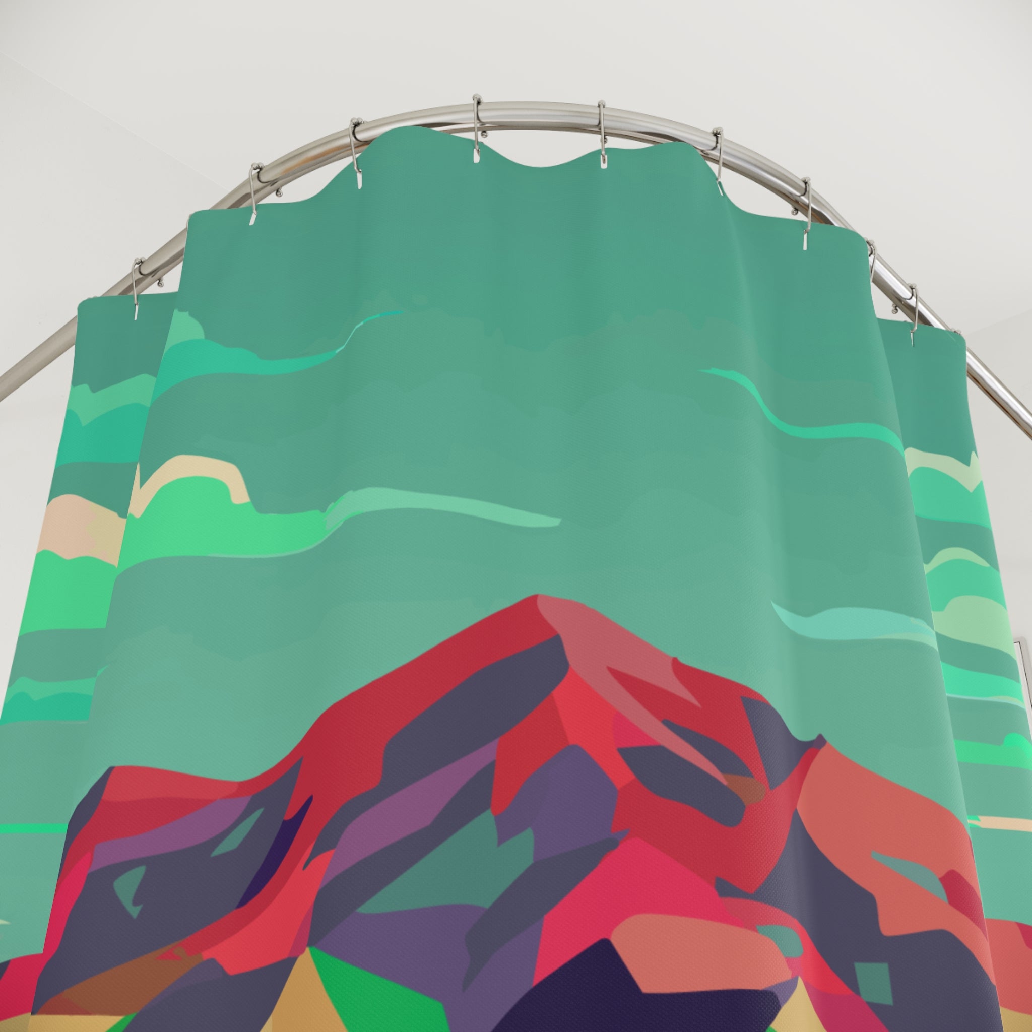 Geometric Green Mountain Landscape Shower Curtain Gift: Cubist Nature for Modern Homes