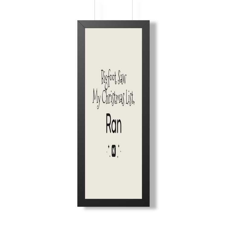 Bigfoot Christmas List Framed poster in black – original NewGiftDay design