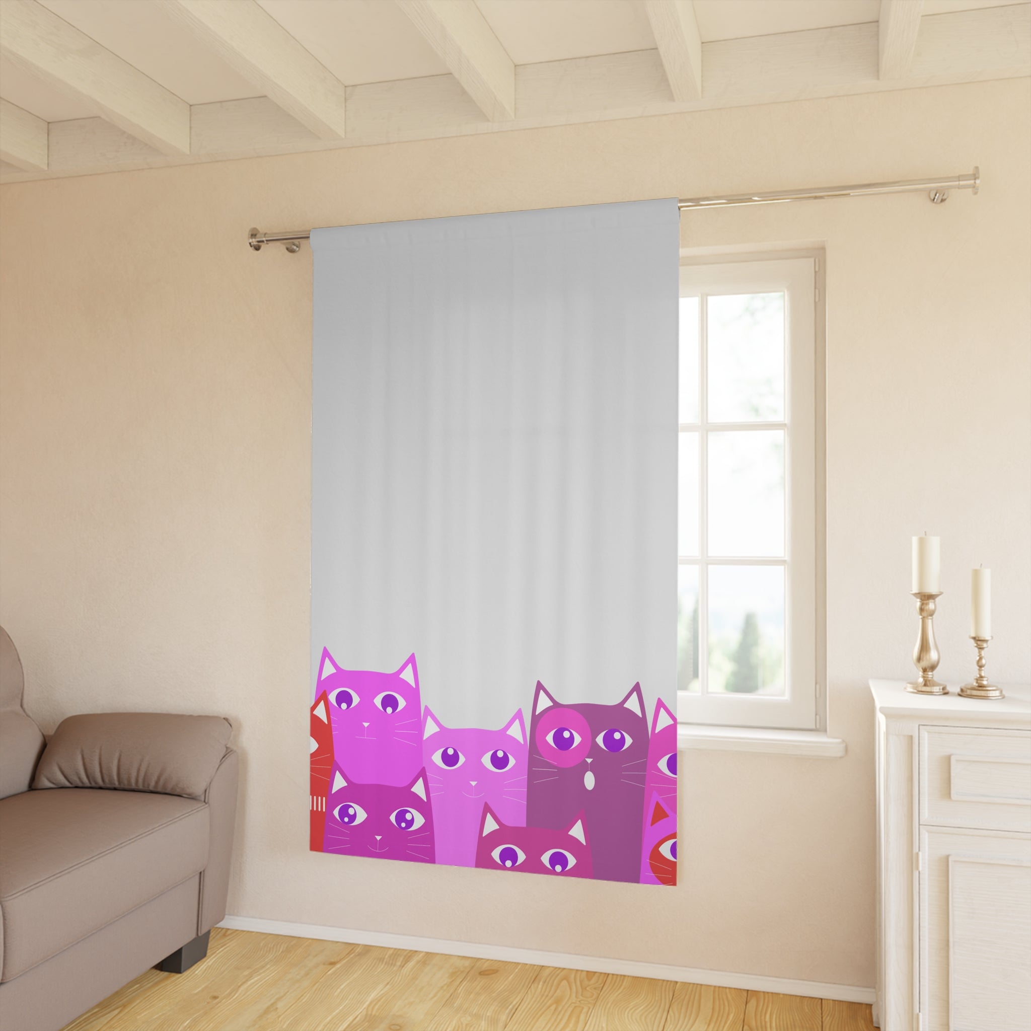 Curious Group of Pink Cats Blackout Window Curtain