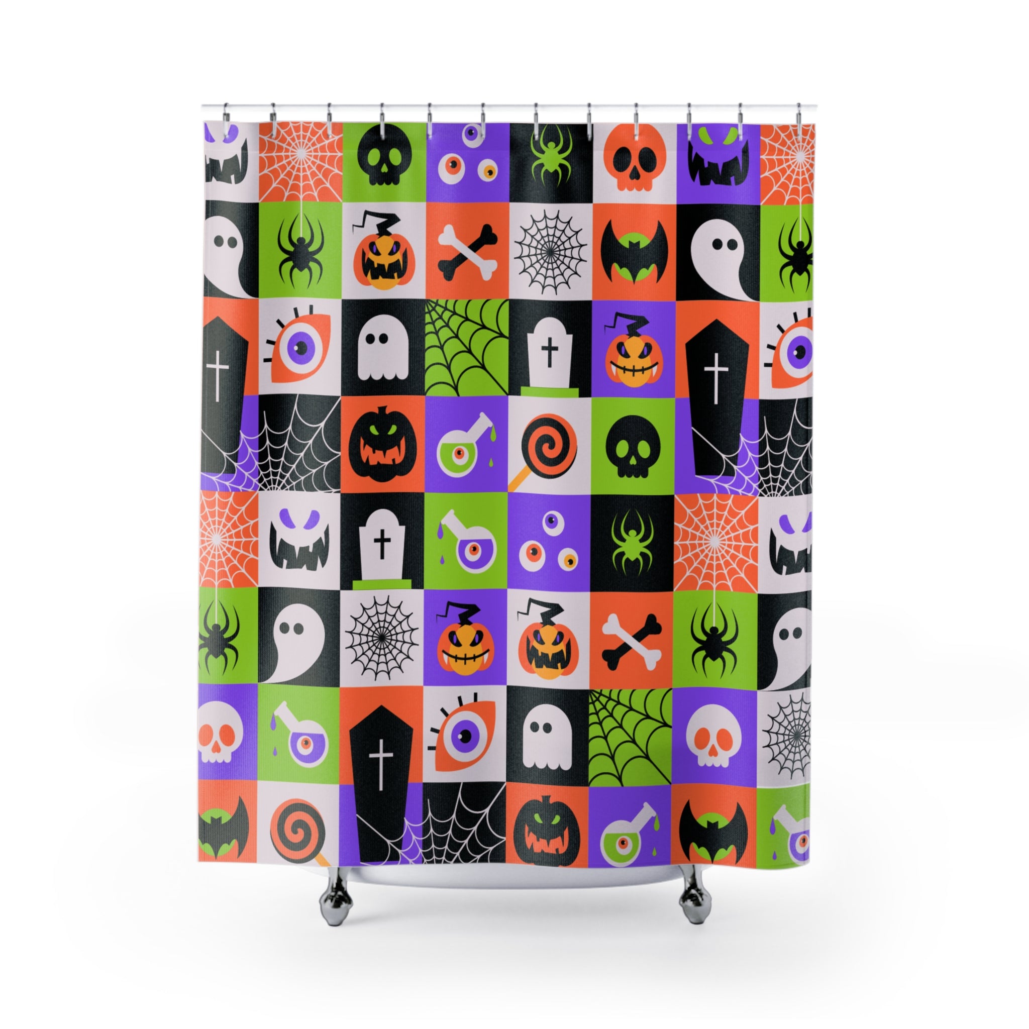 Checkerboard Halloween Icon Shower Curtain Gift: Maximalist Fun for Spooky Season